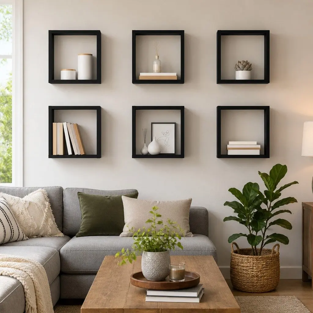 Floating Black Cube Shelves 6 Piece Set Wall Mounted Storage Display Organiser
