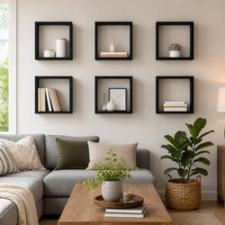 Floating Black Wall Cube Shelves - 6 Piece Set
