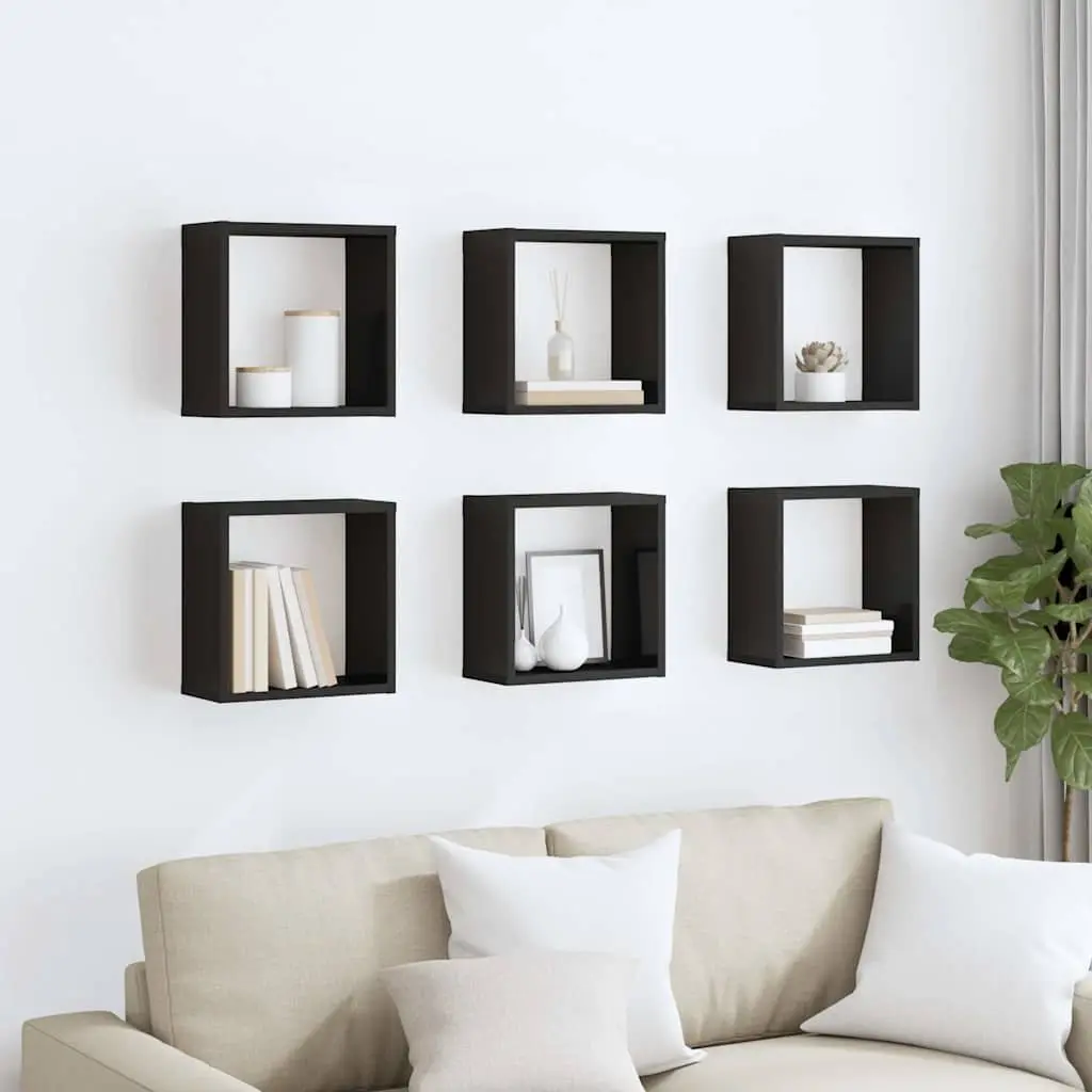 Floating Black Cube Shelves 6 Piece Set Wall Mounted Storage Display Organiser