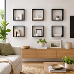 Grey Floating Wall Cube Shelves - 6 Piece Set