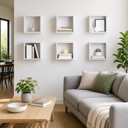 Set of 6 White Floating Cube Shelves for Storage