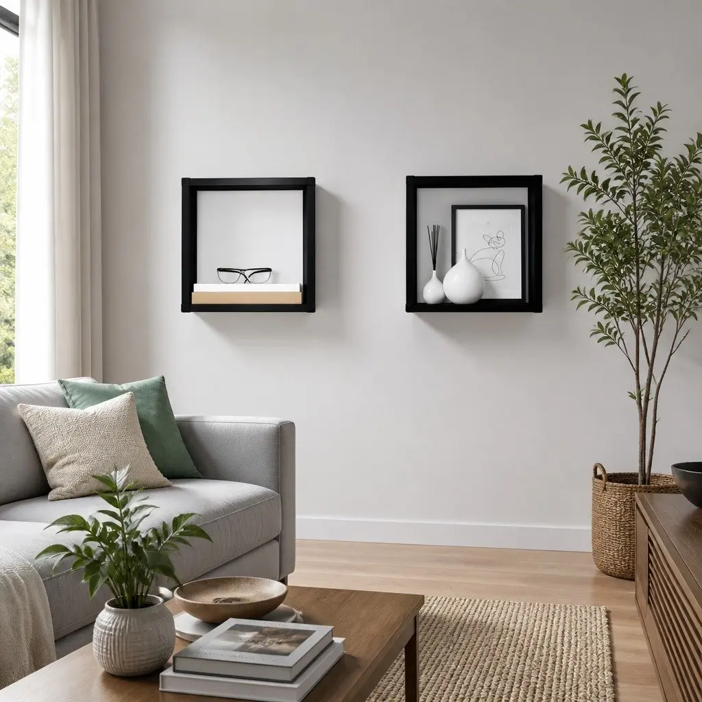 Black Floating Wall Mounted Cube Shelves Set of 2 Storage Display Organizers for Home
