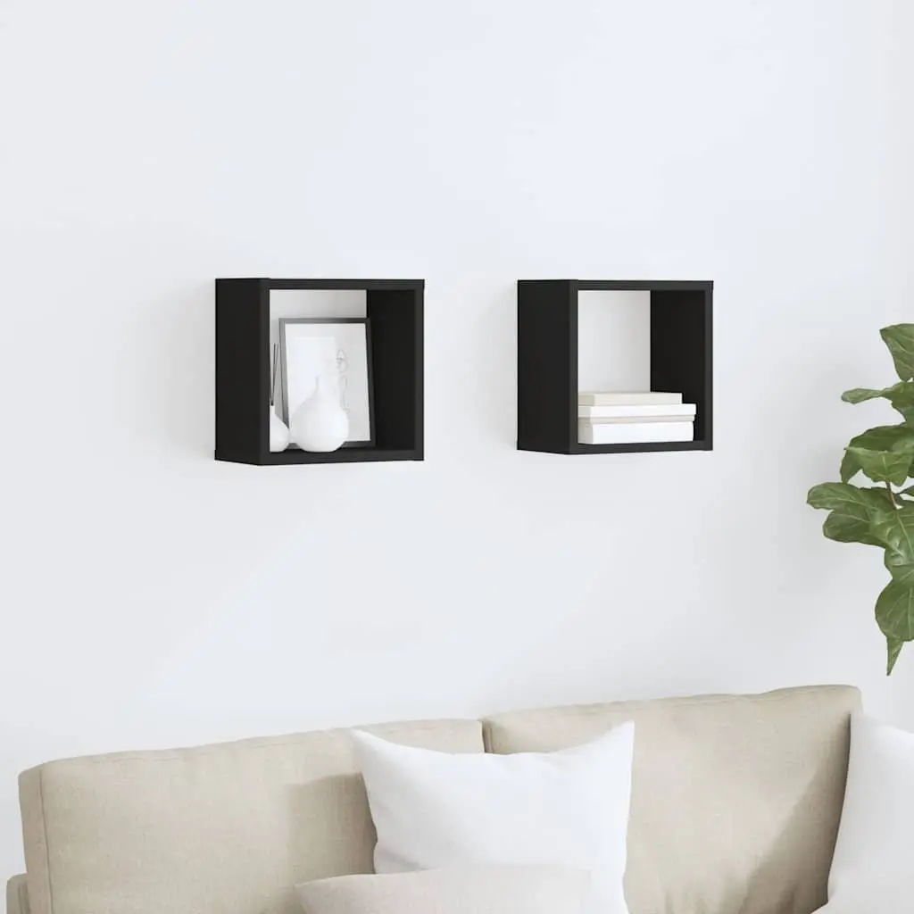 Black Floating Wall Mounted Cube Shelves Set of 2 Storage Display Organizers for Home