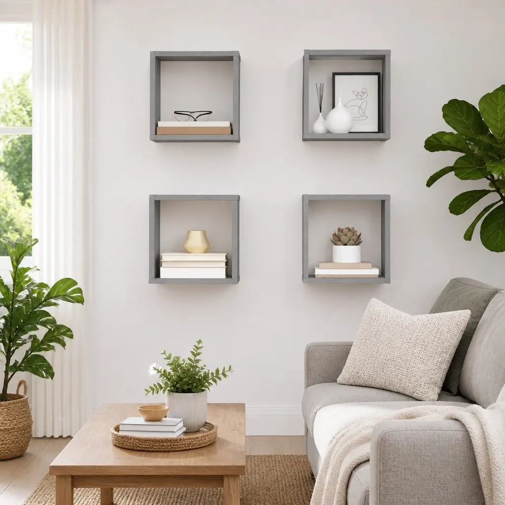 Wall Cube Shelves Grey Floating Storage Display Organiser 26 x 15 x 26 cm
