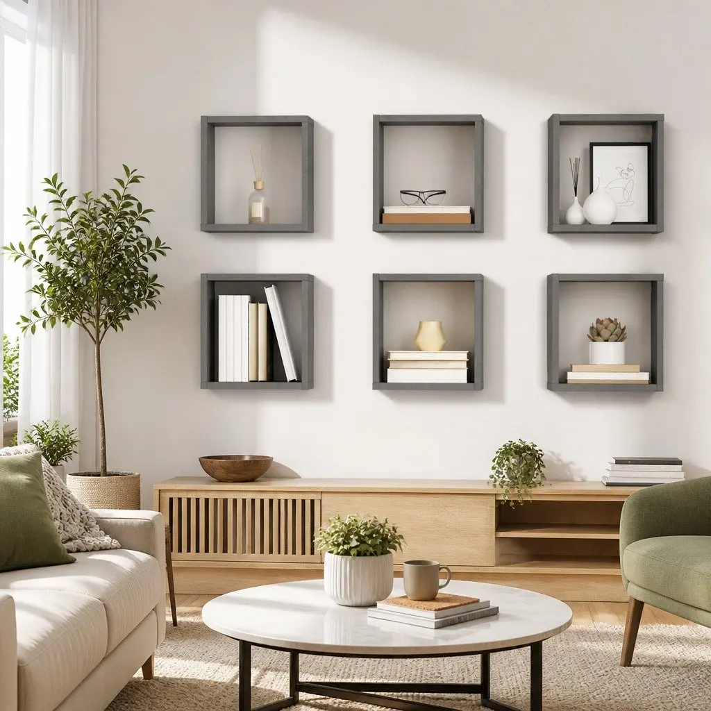 Wall Cube Shelves Grey Floating Storage Display 6 Pieces
