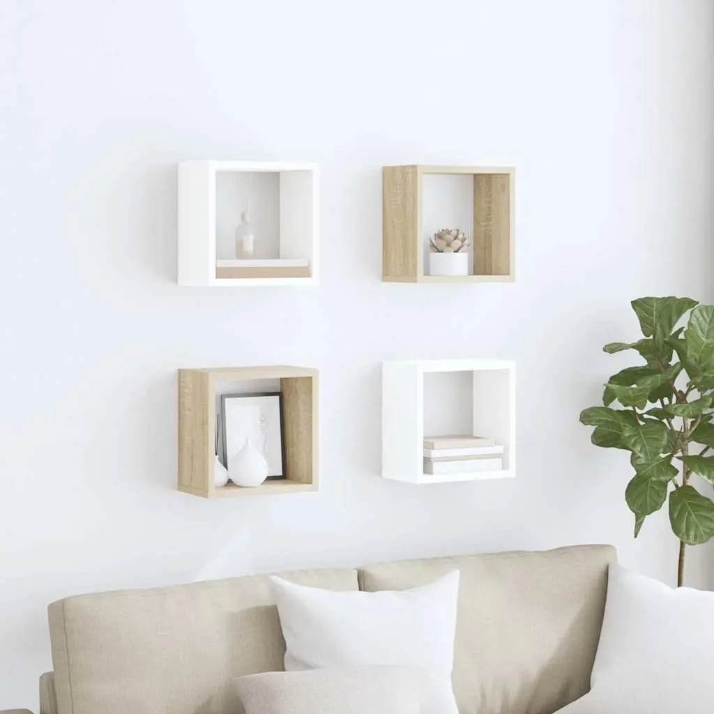 Wall Cube Shelves White Sonoma Oak Floating Storage Display Organizer 4 Piece