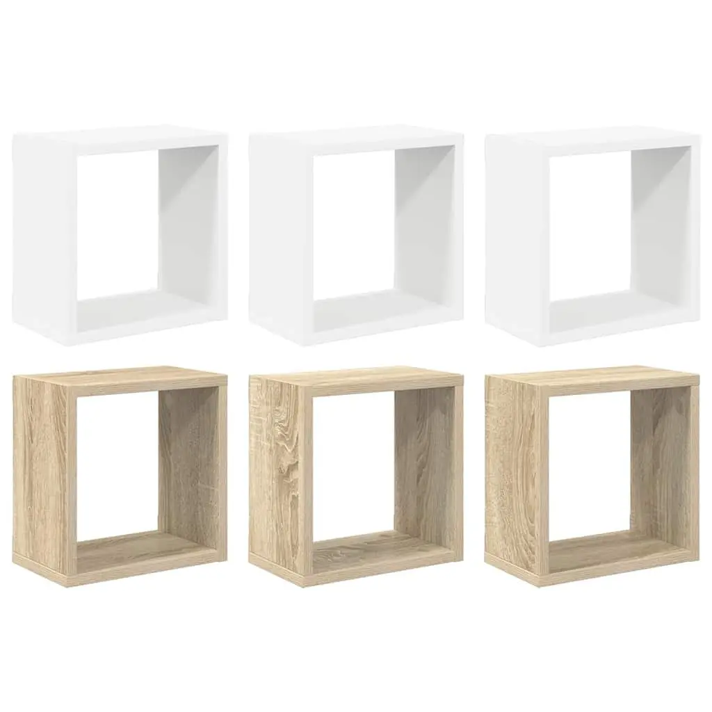 Set of 6 Floating Cube Shelves White and Sonoma Oak 26cm for Wall Storage and Display