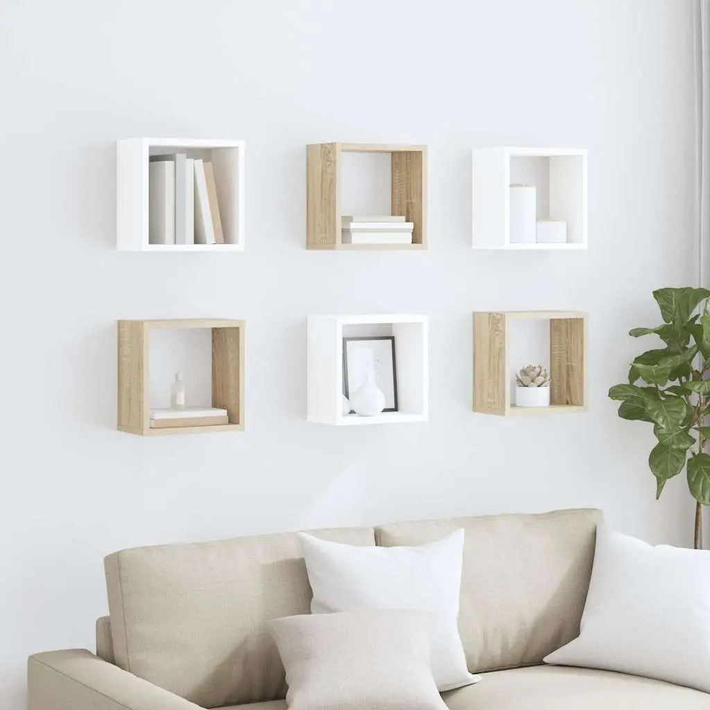 Set of 6 Floating Cube Shelves White and Sonoma Oak 26cm for Wall Storage and Display