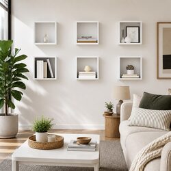 Set of 6 White Floating Cube Shelves for Home Decor