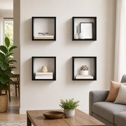 Floating Black Cube Shelves - 4 Piece Set for Home