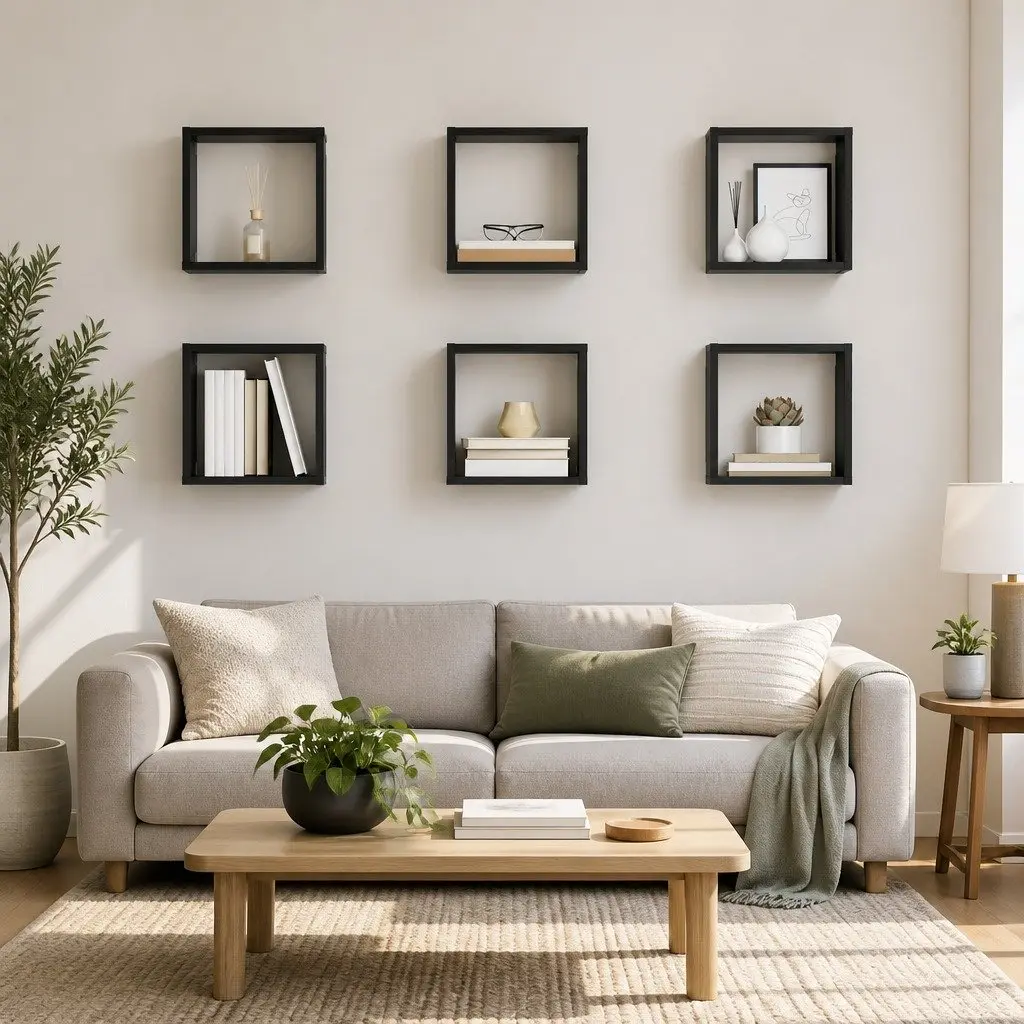 Floating Storage Organizer Set Grey Cube Shelves 6 Pieces Wall Mounted Display Units