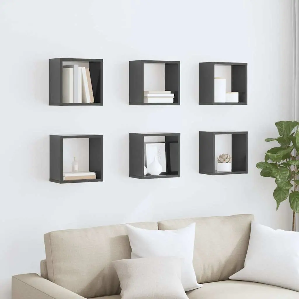 Floating Storage Organizer Set Grey Cube Shelves 6 Pieces Wall Mounted Display Units