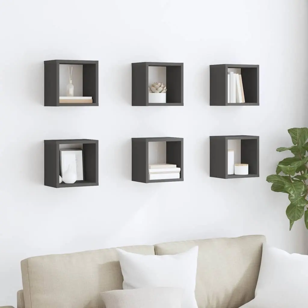 Grey Floating 6 Piece Set Wall Cube Shelves Storage Display Organiser Home