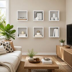 Set of 6 White Floating Wall Cube Shelves