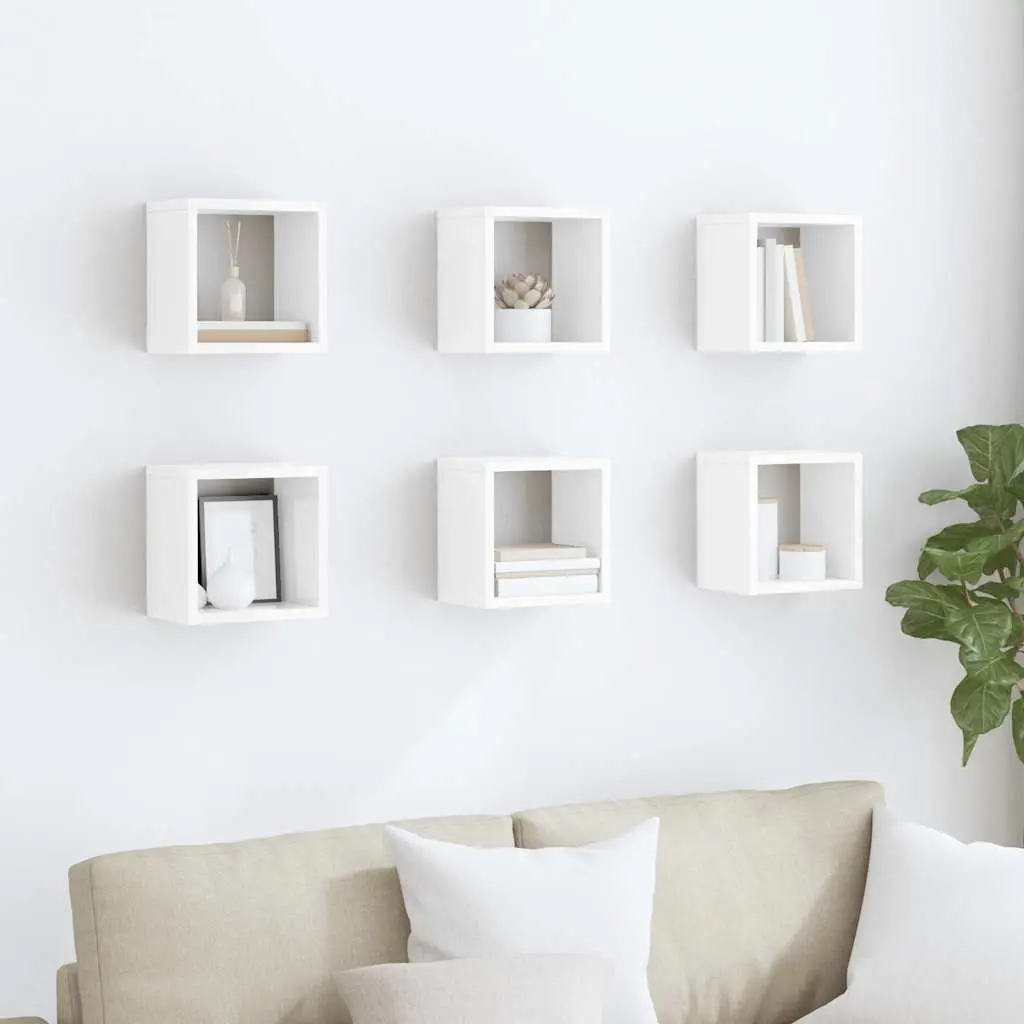 Wall Cube Shelves Set White Floating Storage Display Organiser 6 Piece High Gloss 22 x 15 x 22 cm