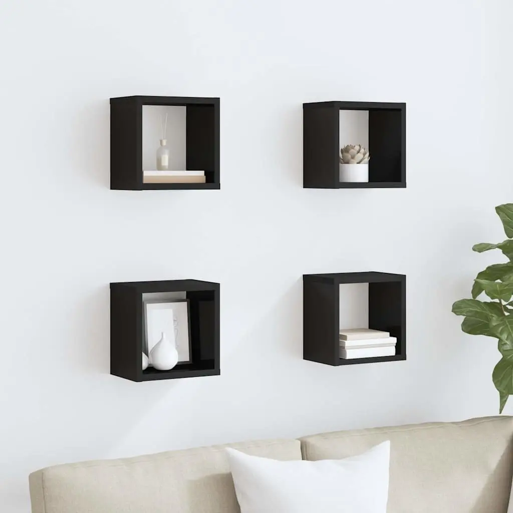 Floating Storage Cube Shelves Black Set of Four Wall Mounted Display Organizers