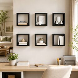 6-Piece Black Floating Cube Shelves for Home Decor