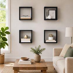 Grey Wall Cube Shelves - 4 Piece Floating Storage