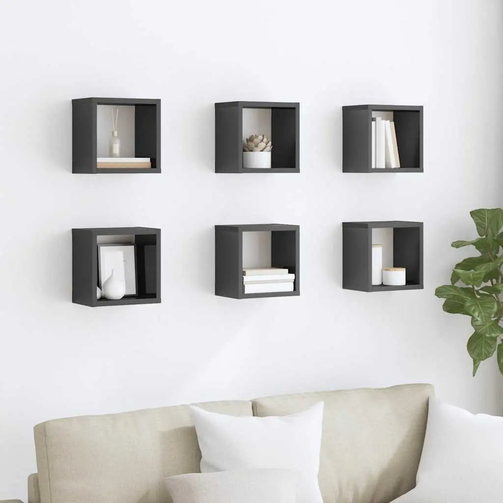 Wall Cube Shelves Grey High Gloss 22 x 15 x 22 cm Floating Storage Display 6 Piece Set