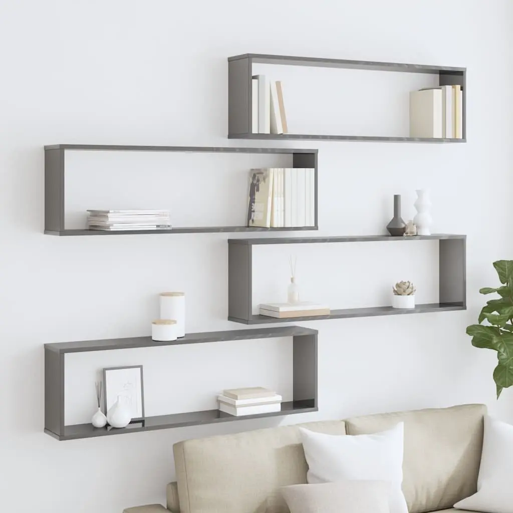 Wall Cube Shelves High Gloss Grey 100 x 15 x 30 cm Engineered Wood 4 Piece