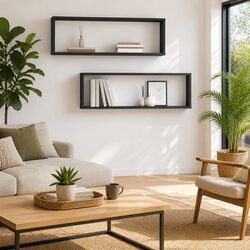 Set of 2 Grey Wall Cube Shelves 80x15x26.5 cm