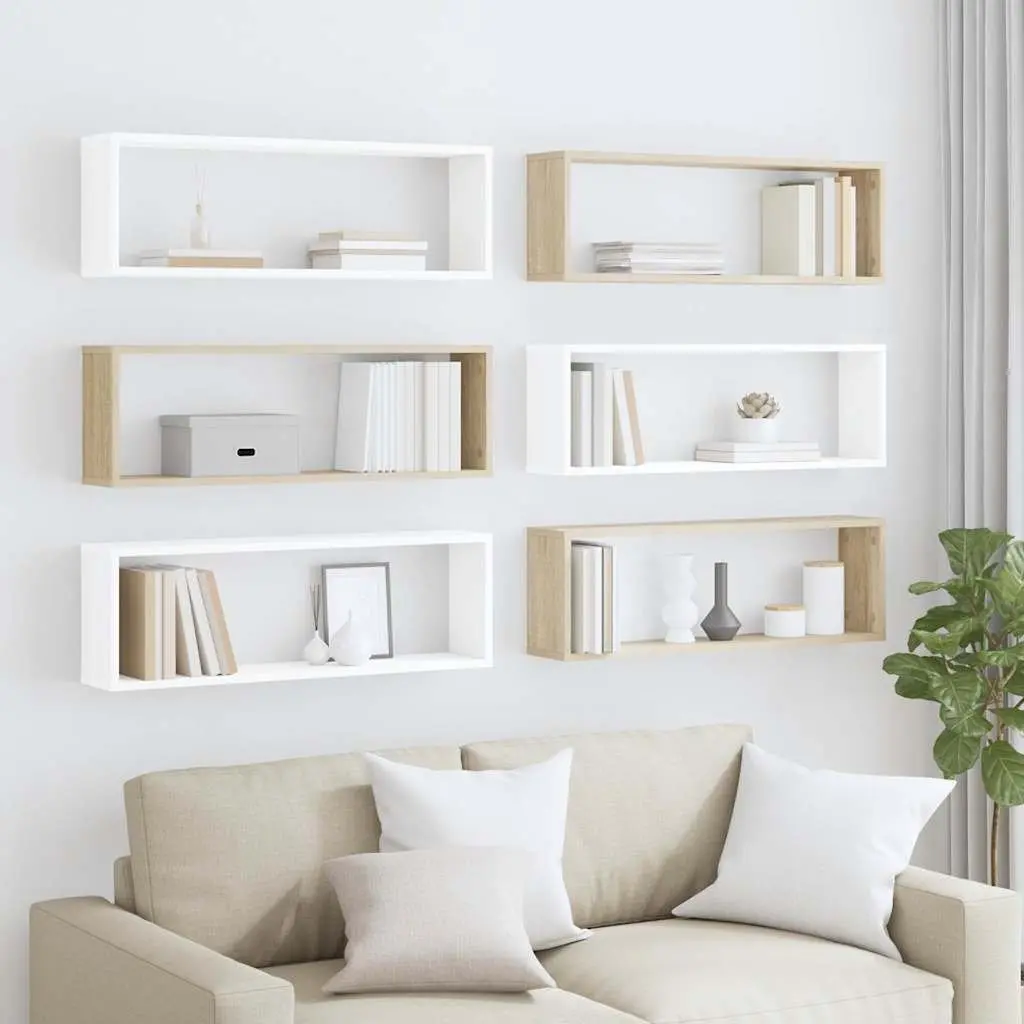 6-Piece Wall Cube Shelves Set in White Sonoma Oak