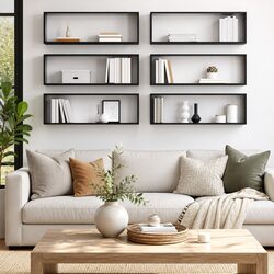 Set of 6 Floating Grey Cube Shelves for Storage