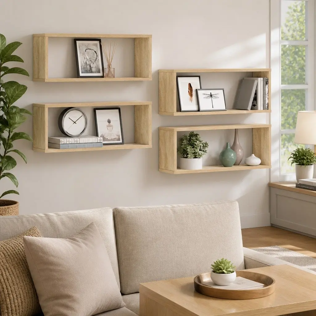 Wall Cube Shelves Brown Floating Storage Display Organiser Set of 4 Engineered Wood 60W x 15D x 23H cm