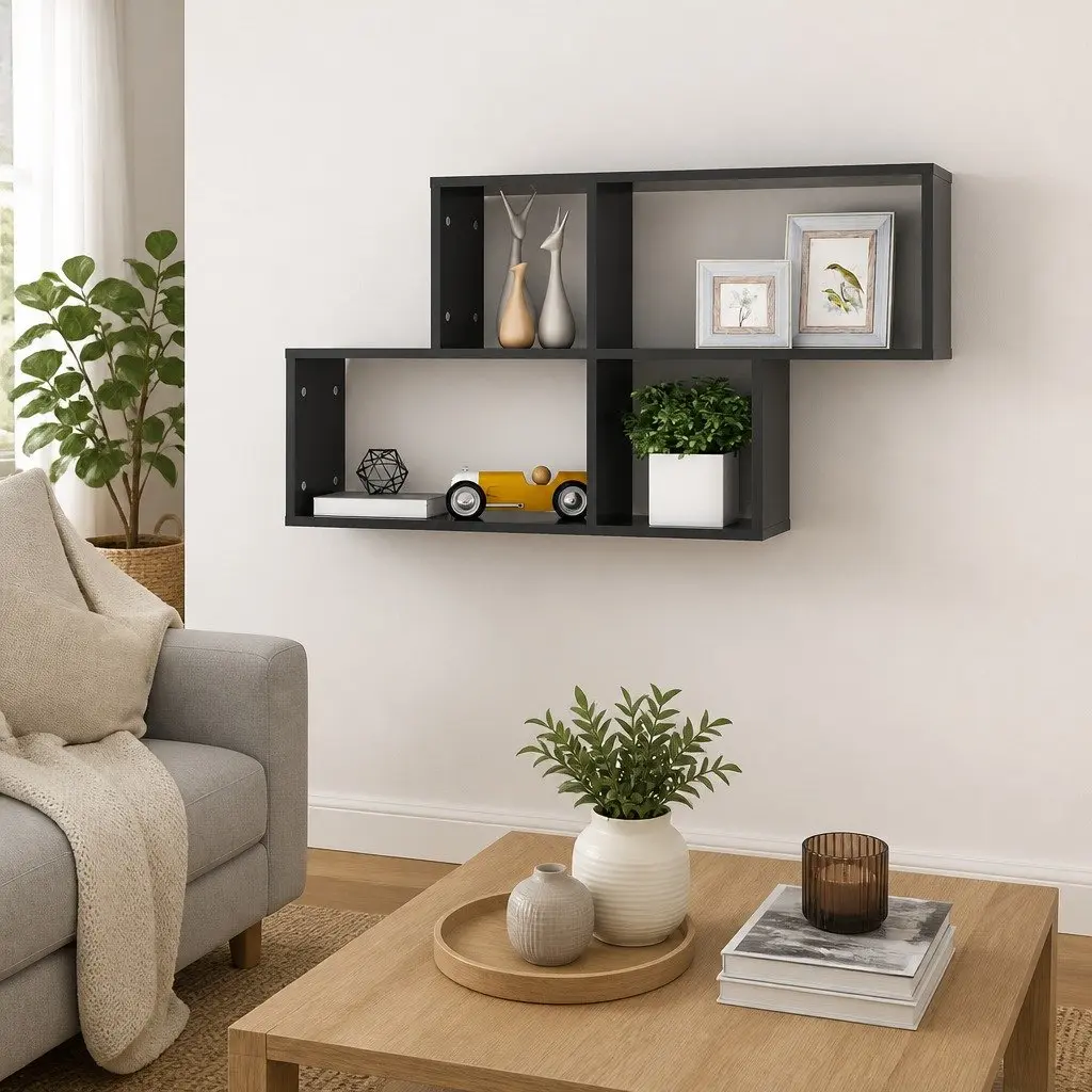 Wall Shelf Grey Floating Display Cube Storage Shelving Unit Engineered Wood 100 x 18 x 53 cm