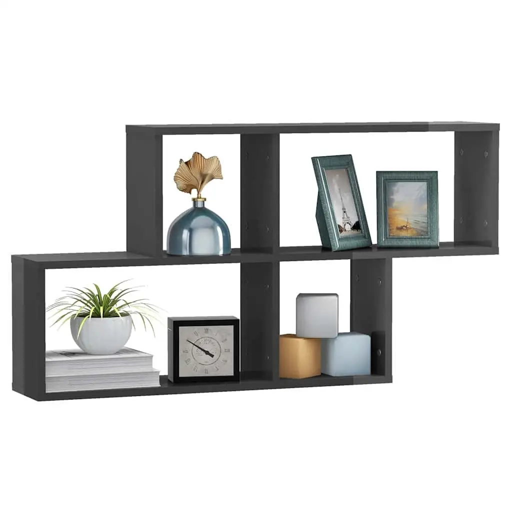Wall Shelf Grey High Gloss Cube Storage Display Unit 100x18x53cm Engineered Wood