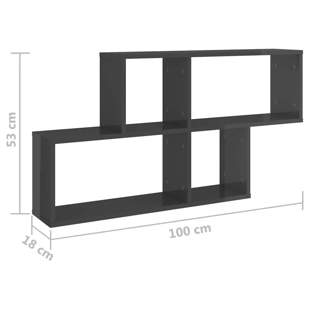 Wall Shelf Grey High Gloss Cube Storage Display Unit 100x18x53cm Engineered Wood