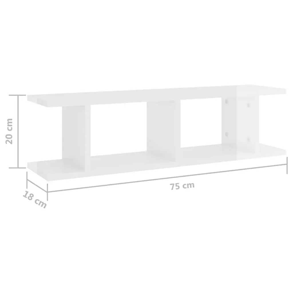 Wall Shelves High Gloss White 75 x 18 x 20 cm Engineered Wood 2 Piece Floating Display Cube Shelf Home Storage