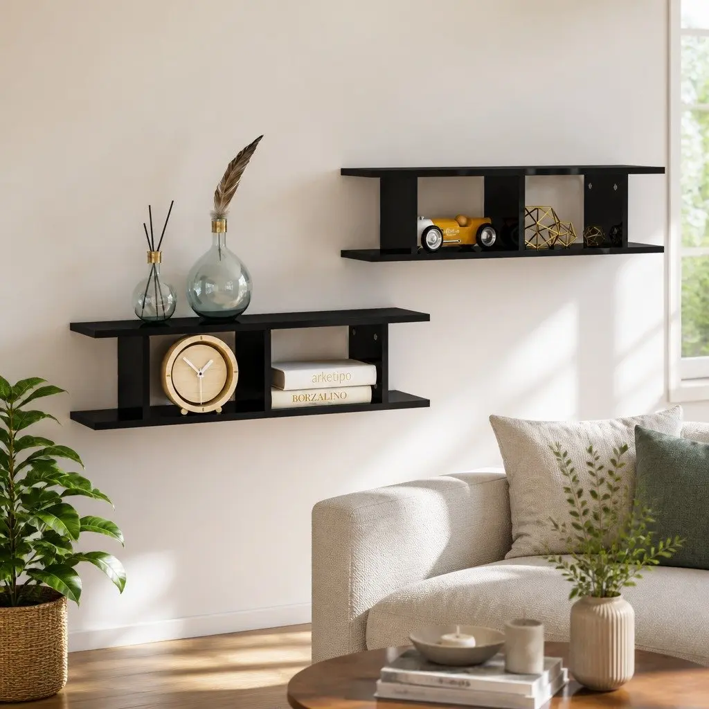 Wall Shelves Black Floating Cube Shelf 2 Piece Set Engineered Wood