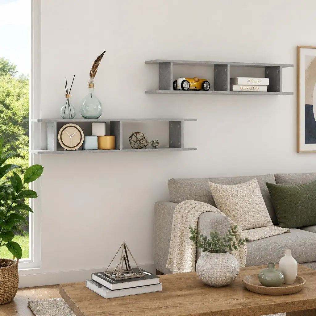 Wall Shelves Grey Cube Display Floating Storage 105 x 18 x 20 cm Engineered Wood 2 Piece