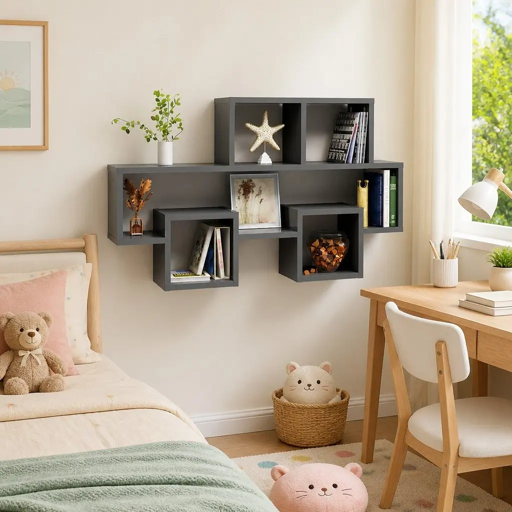 Car-Shaped Wall Shelf Grey Open Compartment Engineered Wood Hanging Storage Display Organiser