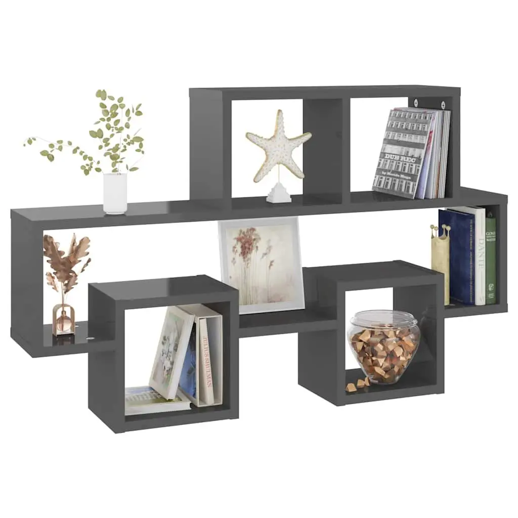 Car-Shaped Wall Shelf Grey High Gloss Engineered Wood Floating Shelving Unit
