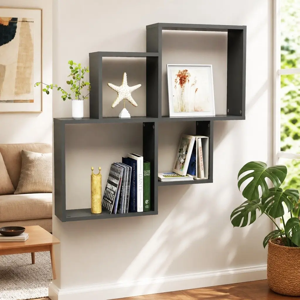 Wall Cube Shelf Grey Open Compartments Storage Display Hanging Shelving Unit Engineered Wood 80 x 15 x 78.5 cm