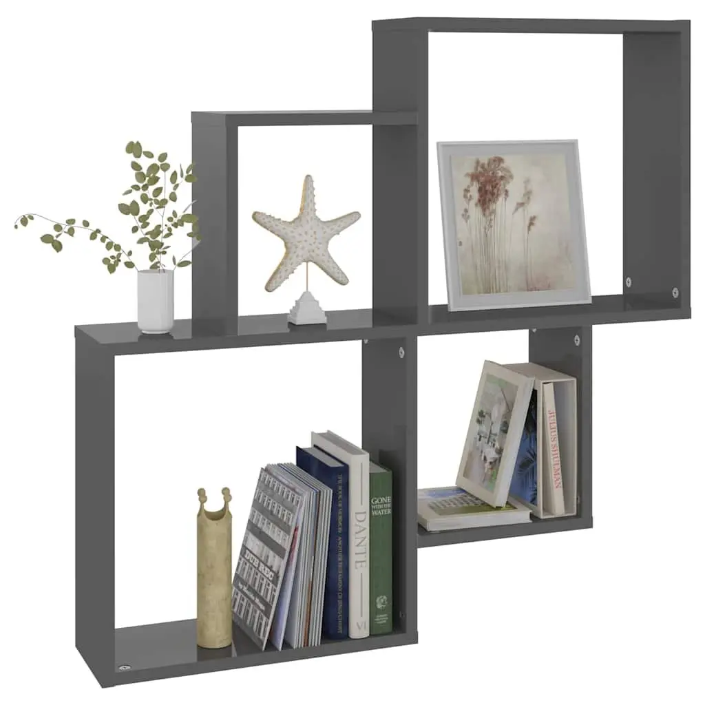 Wall Cube Shelf Grey Open Compartments Storage Display Engineered Wood 80W x 15D x 78.5H cm