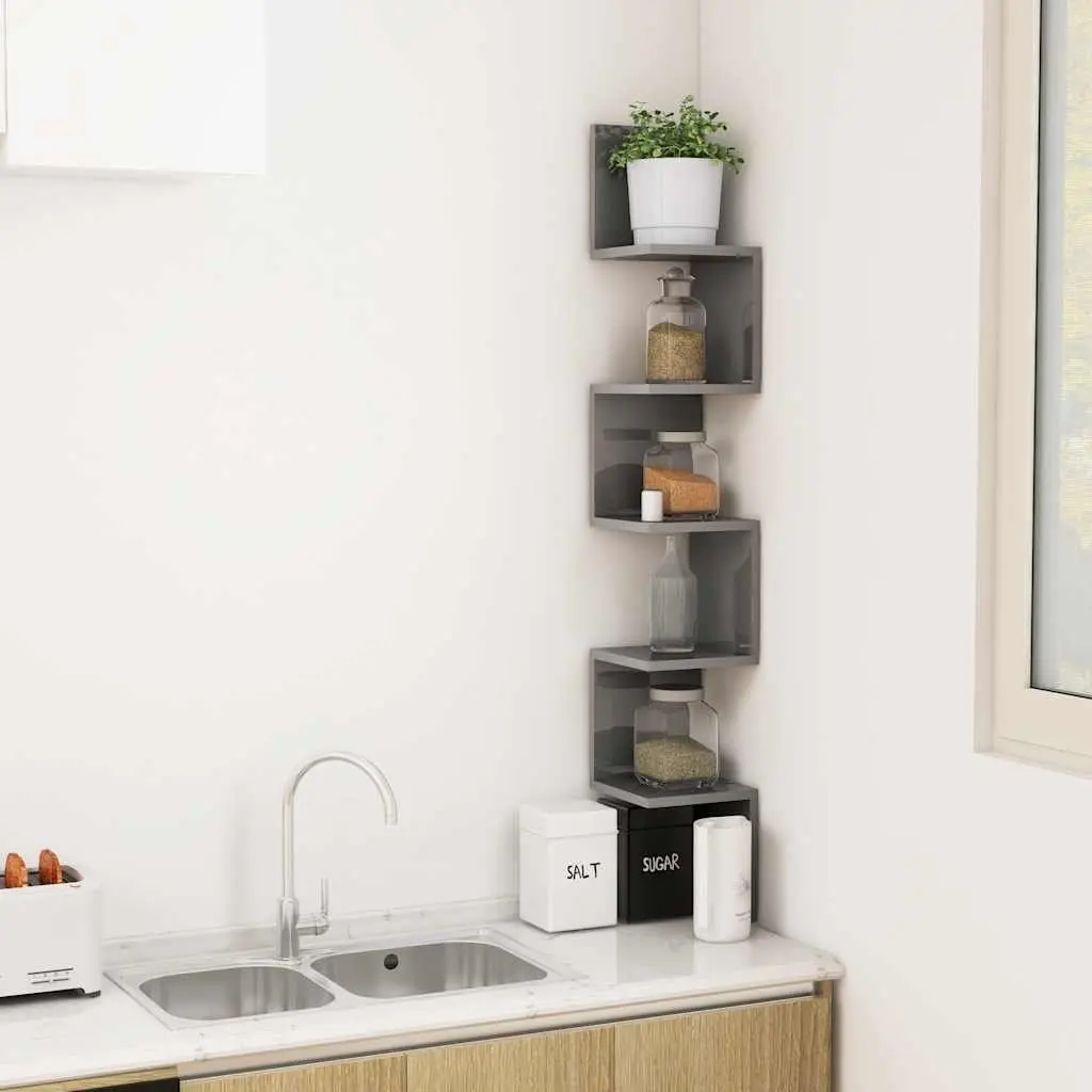 Wall Corner Shelf Grey High Gloss 20 x 20 x 127.5 cm Engineered Wood