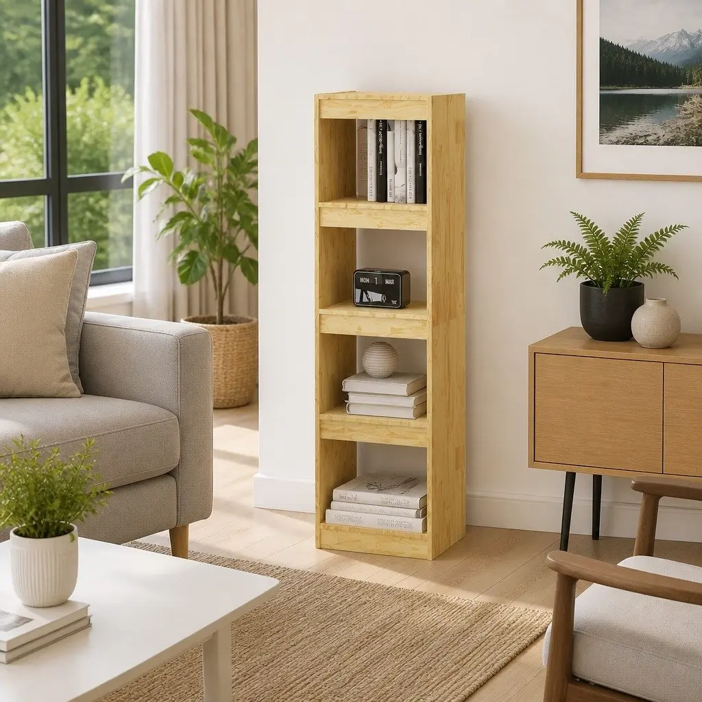 Wooden Book Cabinet Room Divider Storage Shelving Unit 4 Compartment Pinewood Brown