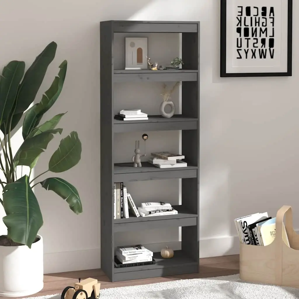 Grey Solid Pine Book Cabinet with 5 Shelves