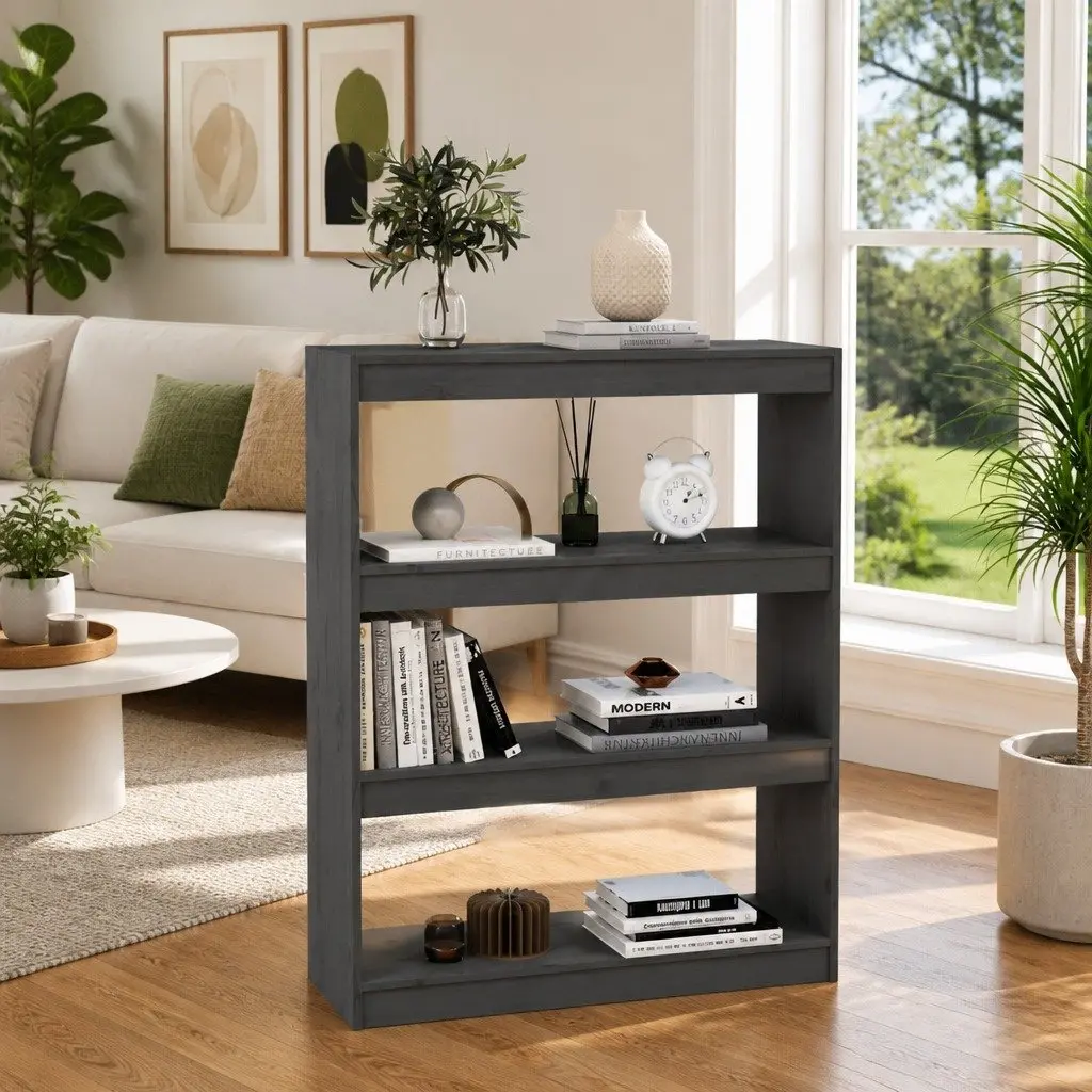 Solid Pine Wood Grey Book Shelf Room Divider 3 Compartment Storage Unit