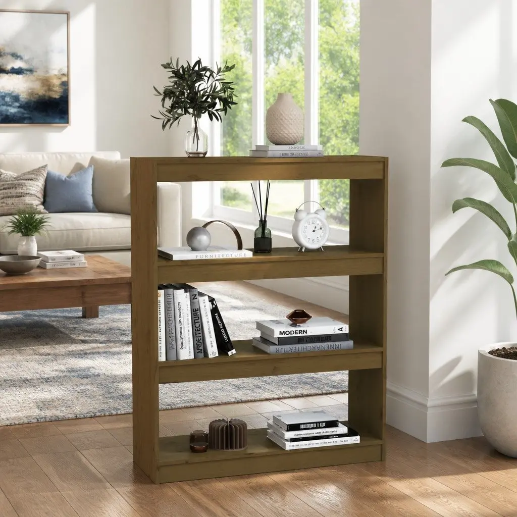Book Cabinet Honey Brown Wooden Room Divider 80W x 30D x 103.5H cm Solid Pinewood Shelving Unit Storage Organizer