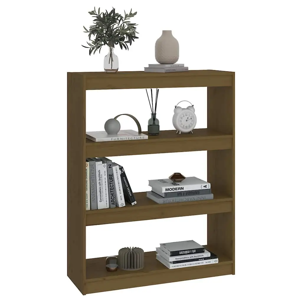 Book Cabinet Honey Brown Wooden Room Divider 80W x 30D x 103.5H cm Solid Pinewood Shelving Unit Storage Organizer