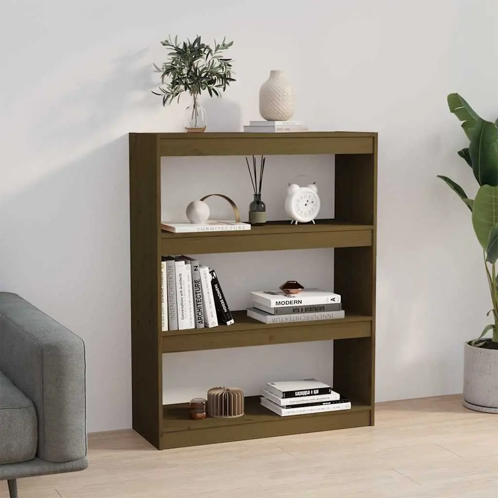 Book Cabinet Honey Brown Wooden Room Divider 80W x 30D x 103.5H cm Solid Pinewood Shelving Unit Storage Organizer