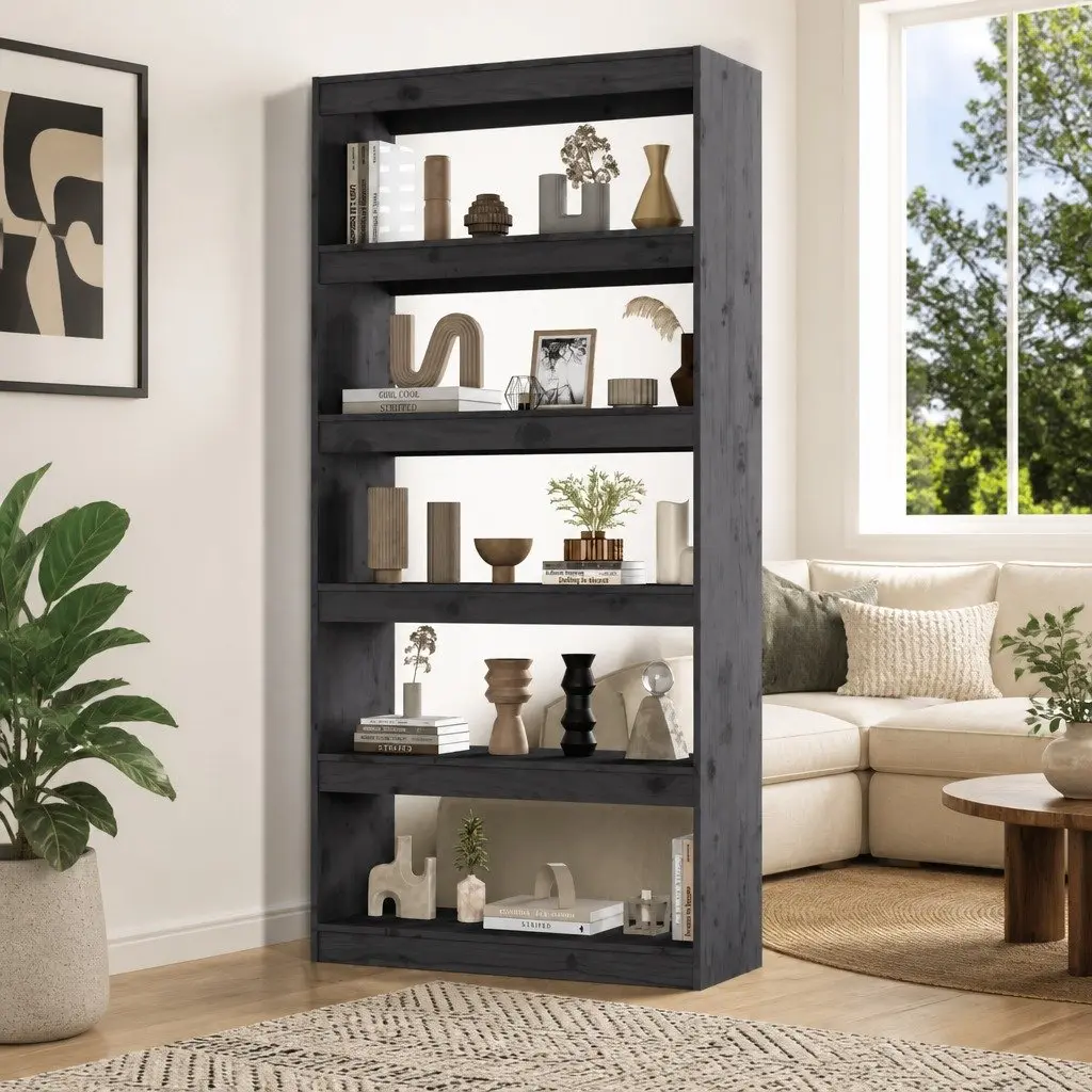 Grey Solid Pine Wood Book Cabinet Room Divider