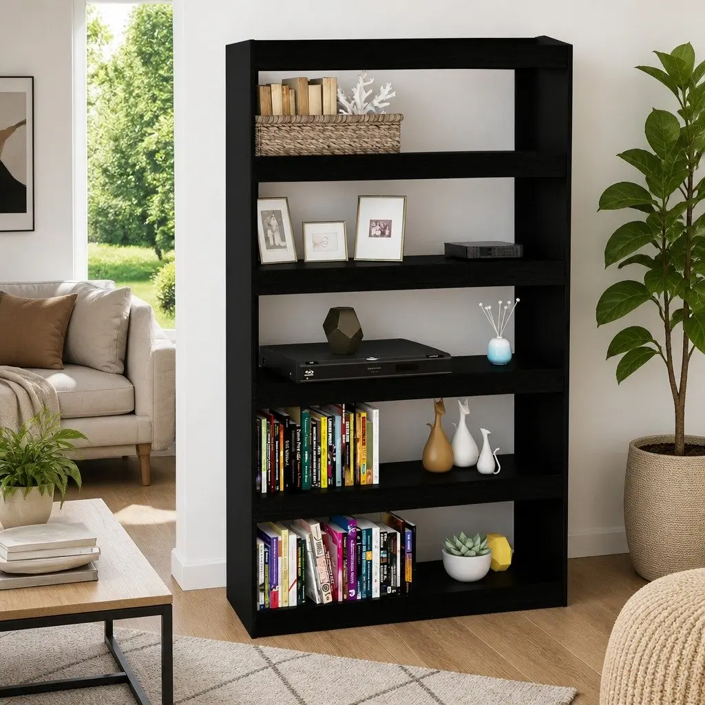 Black Solid Pinewood Book Cabinet Room Divider