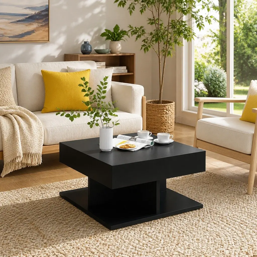 Coffee Table Square Black Engineered Wood 57L x 57W x 30H cm Living Room Furniture