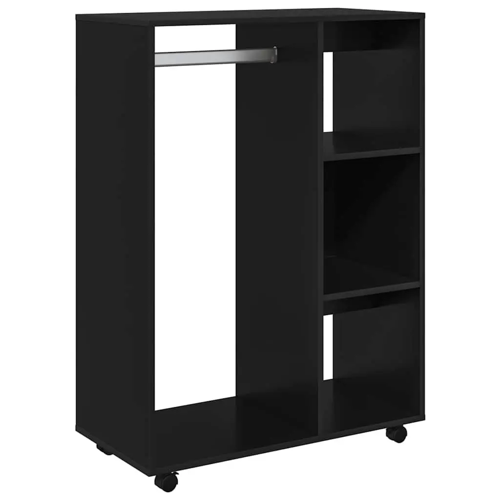 Wardrobe Cabinet Black Engineered Wood Open Compartment Storage Cupboard with 3-Tier Side Shelves
