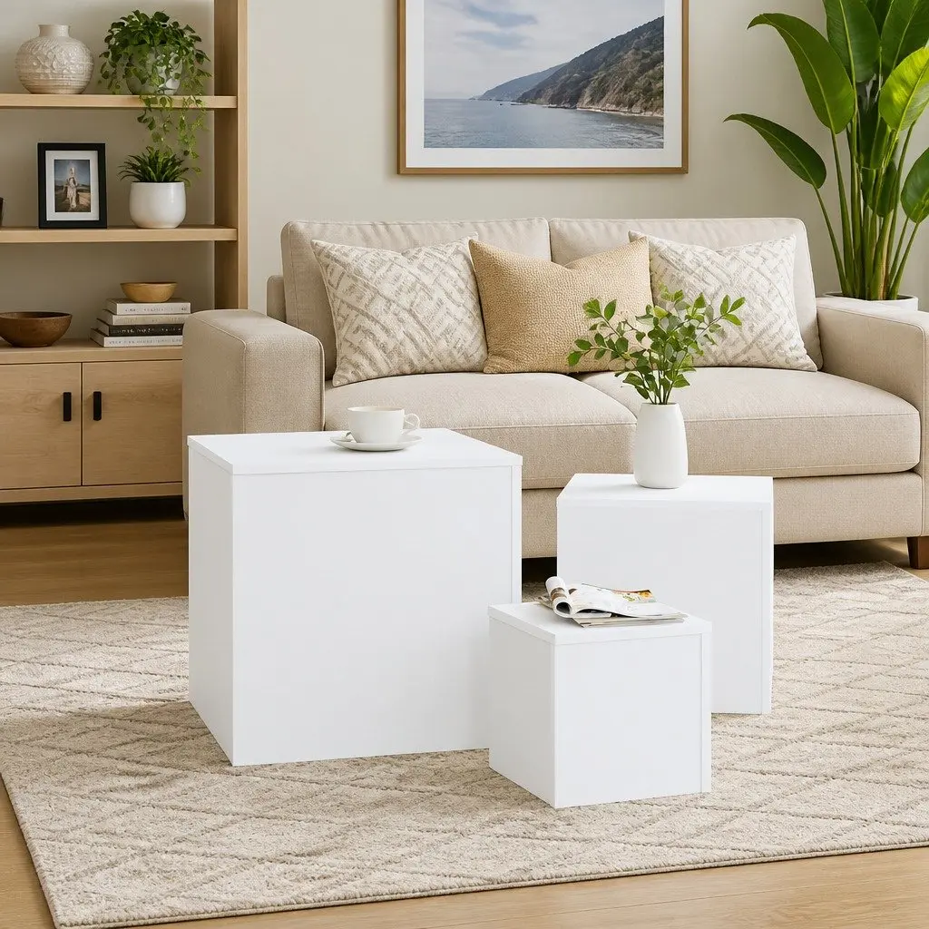 End Tables Set of 3 White Accent Side Tables for Living Room Bedroom Sofa Plant